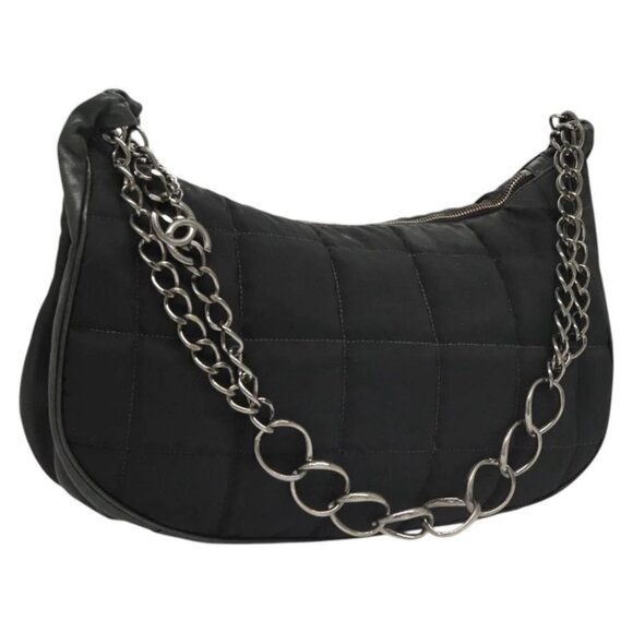 CHANEL Choco Bar Chain Shoulder Bag Nylon Black Silver - Picture 1 of 16